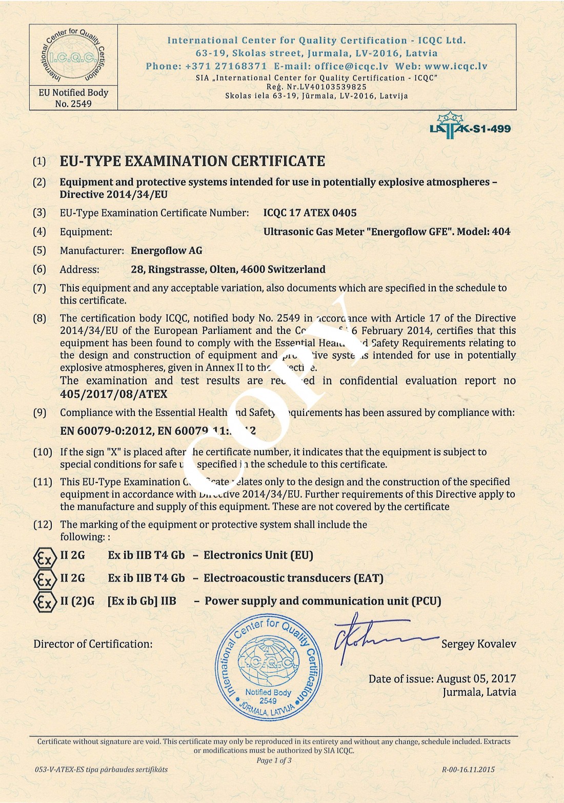 Сертификат взрывозащита ATEX EU type examination certificate